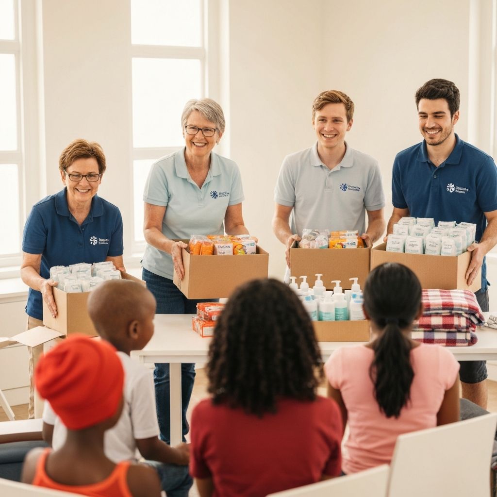 Volunteers distributing supplies to families at a community centre