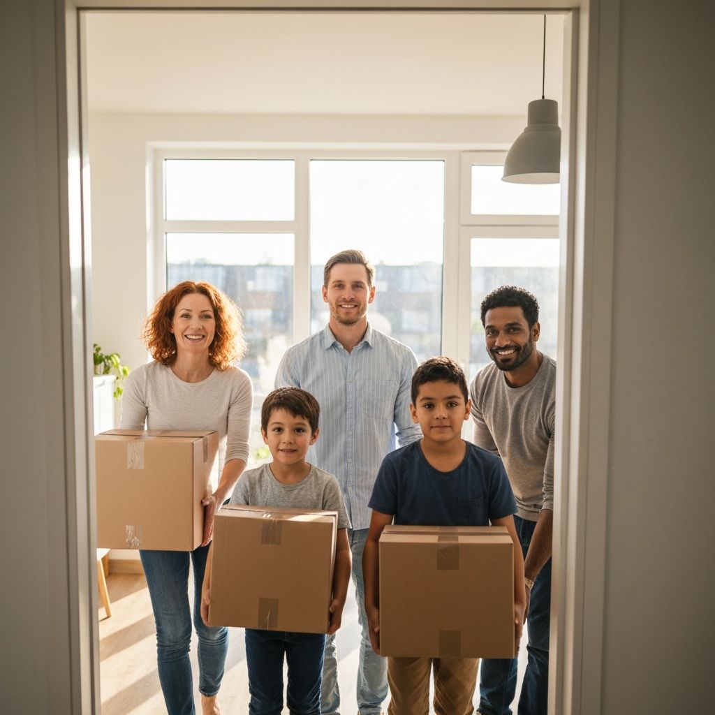 Volunteers helping a family settle into their new home