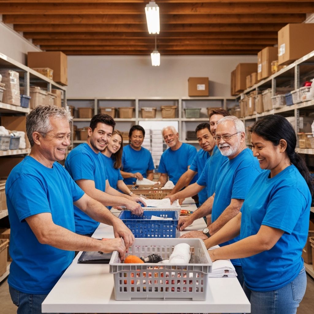 Team of volunteers sorting donations at warehouse
